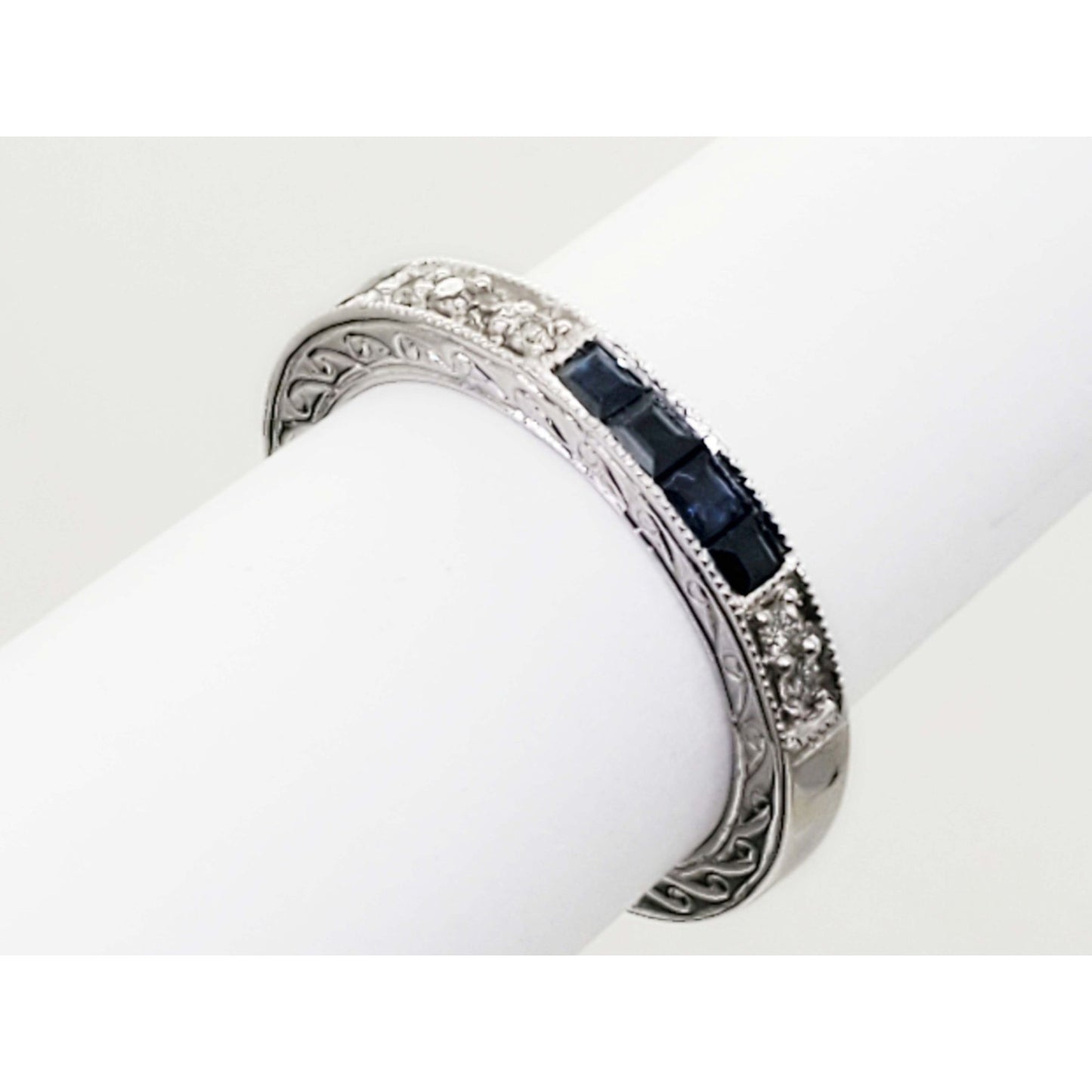 Natural Sapphire & Diamond Carved 3mm Band Ring 14k White Gold Size 7