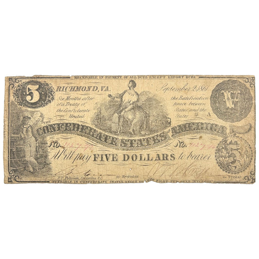 1861 Confederate States of America $5 Bill CS36/T36 Civil War Issue Banknote