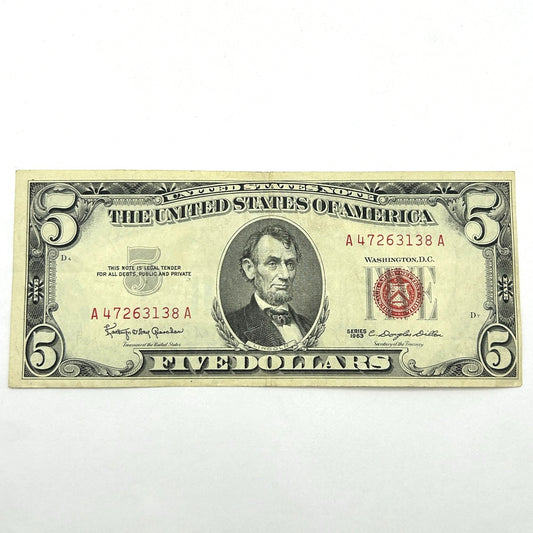 Series 1963 $5 Five Dollar United States Note Red Seal - A47263138A