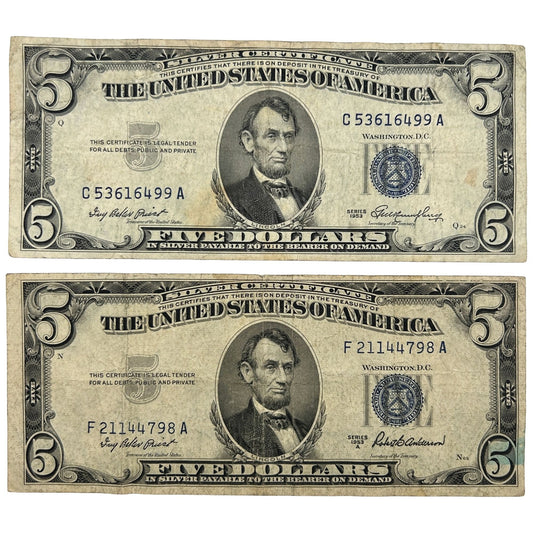 LOT OF 2 1953-A & 1953 Blue Seal FRN Banknotes Silver Certificates - Circulated