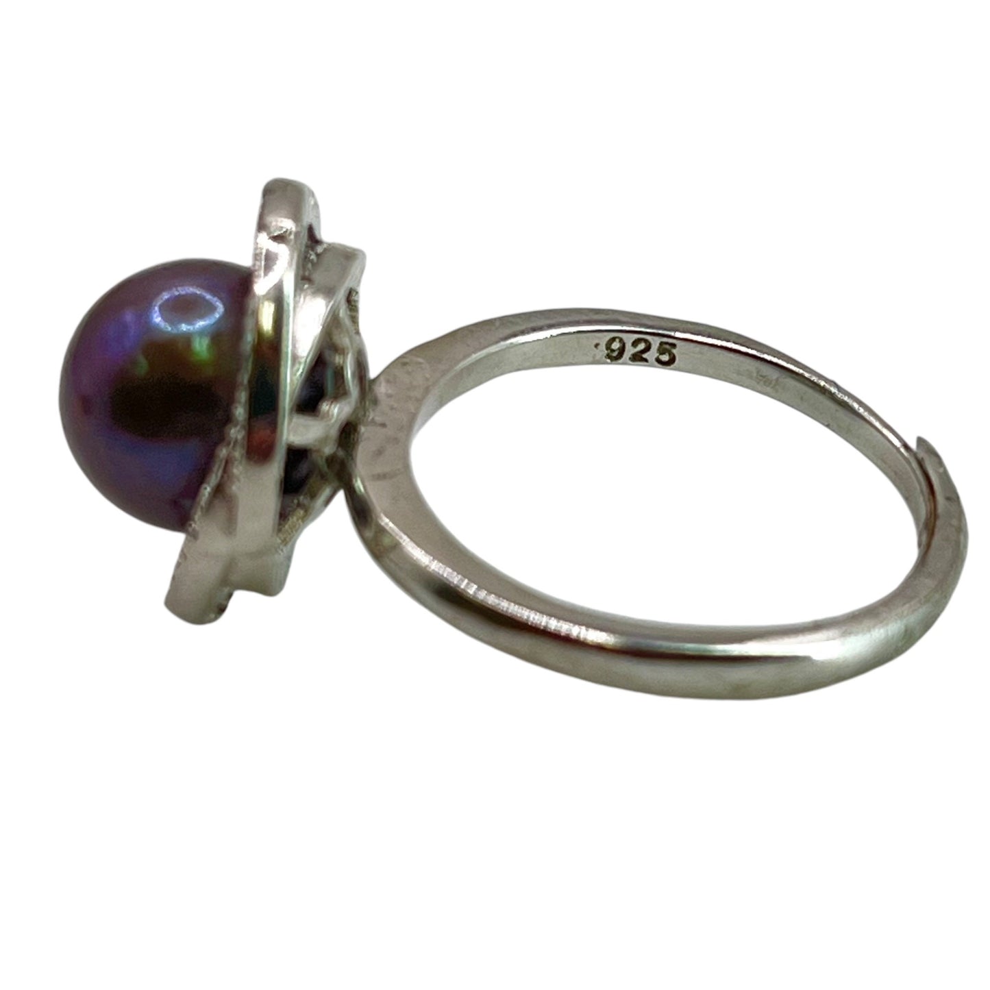 925 Sterling Silver Black Pearl Cubic Zirconia Adjustable Ring Round Statement