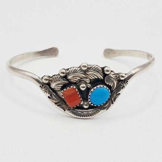 Natural Turquoise & Red Coral Cabochon Cuff Bracelet Sterling Silver