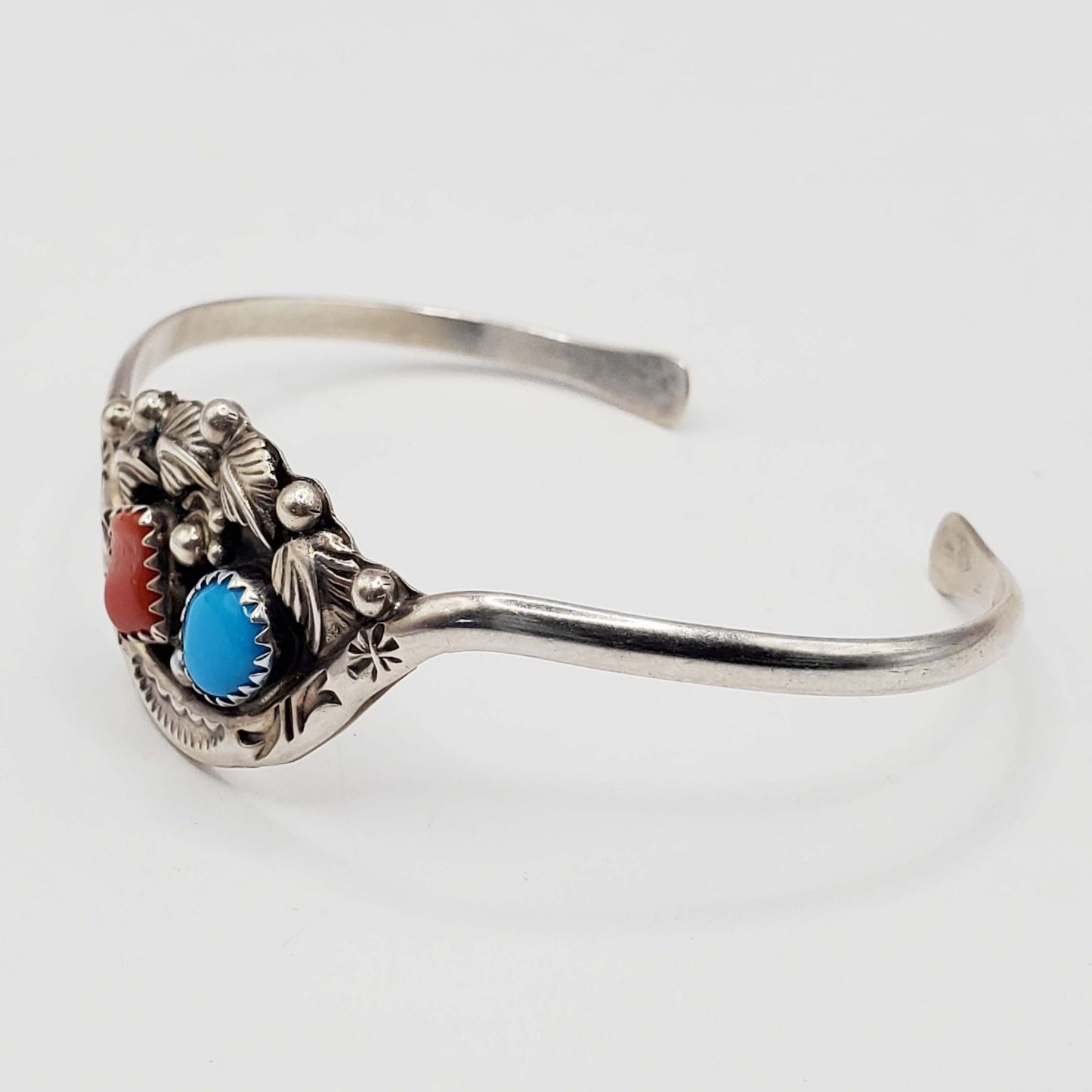 Natural Turquoise & Red Coral Cabochon Cuff Bracelet Sterling Silver