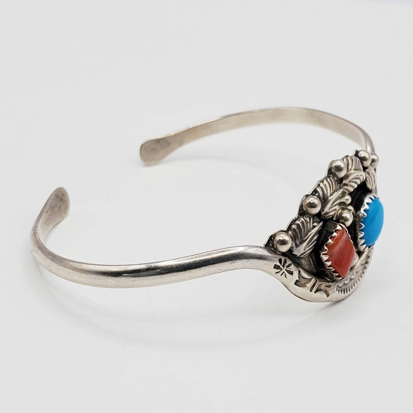 Natural Turquoise & Red Coral Cabochon Cuff Bracelet Sterling Silver
