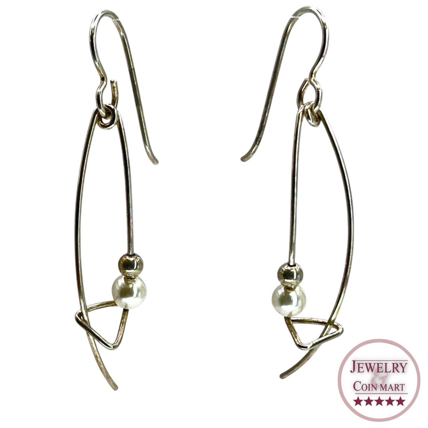 Silver Tone Dangle Drop Earrings Faux Pearl Abstract Geometric Lightweight