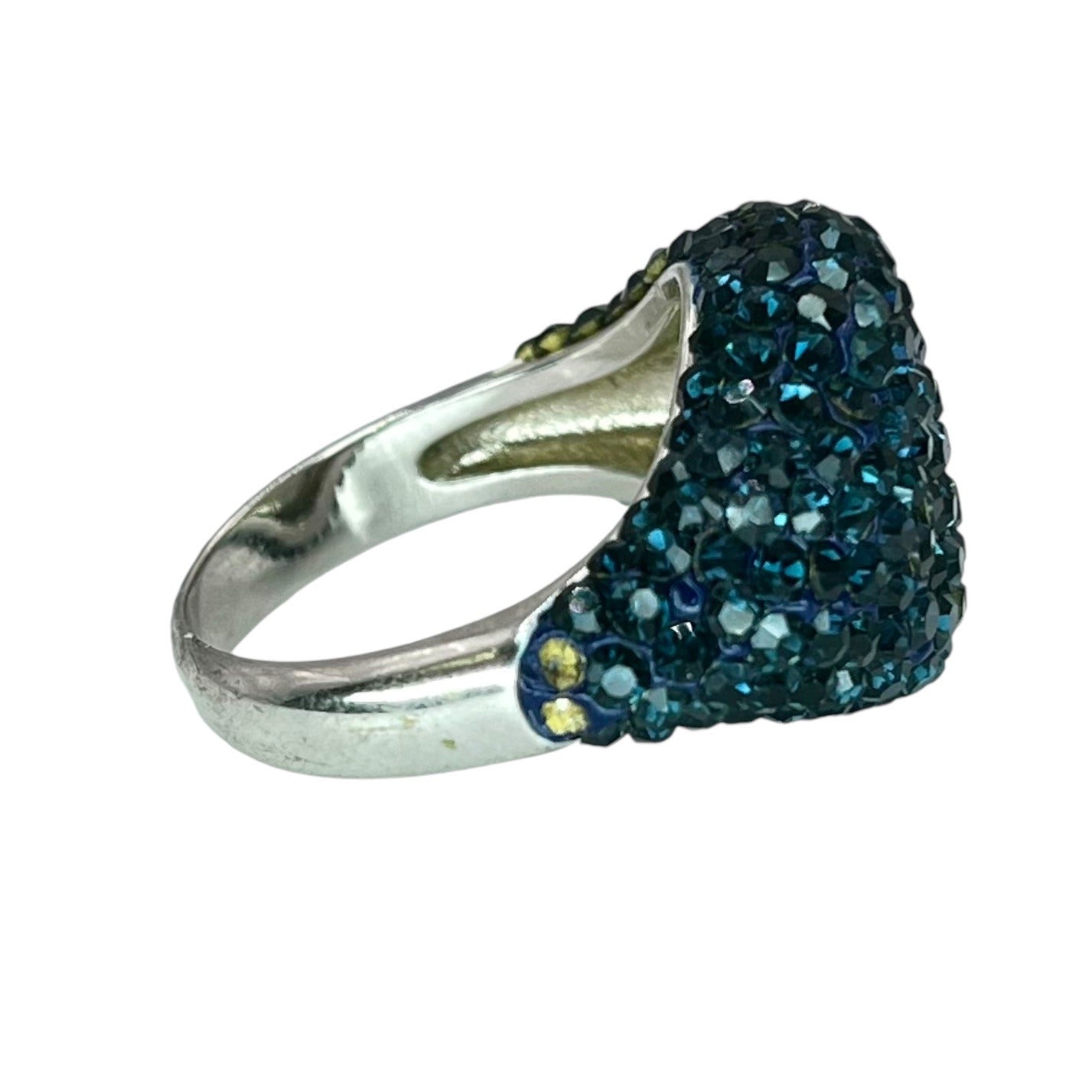 Silver Black Blue Cluster Stone Cocktail Statement Ring Size 8.25 Colorful