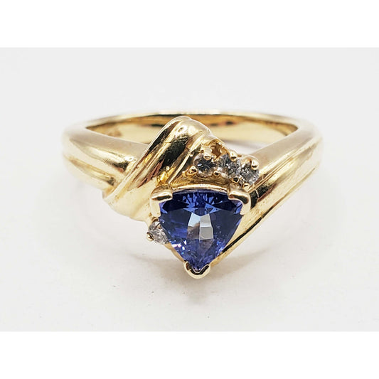 Trillion-Cut Tanzanite & Diamond Accent Bypass Style Ring 14k Gold Size 6