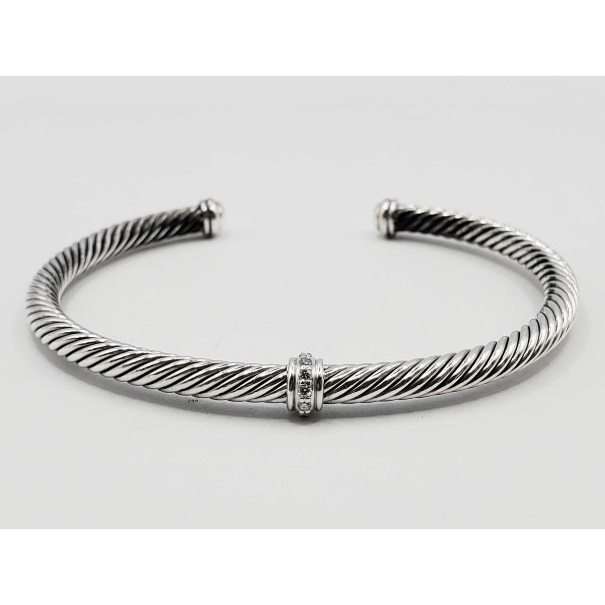 David Yurman Classic Cable Station Cuff Bracelet 4mm Diamond Sterling Silver Large