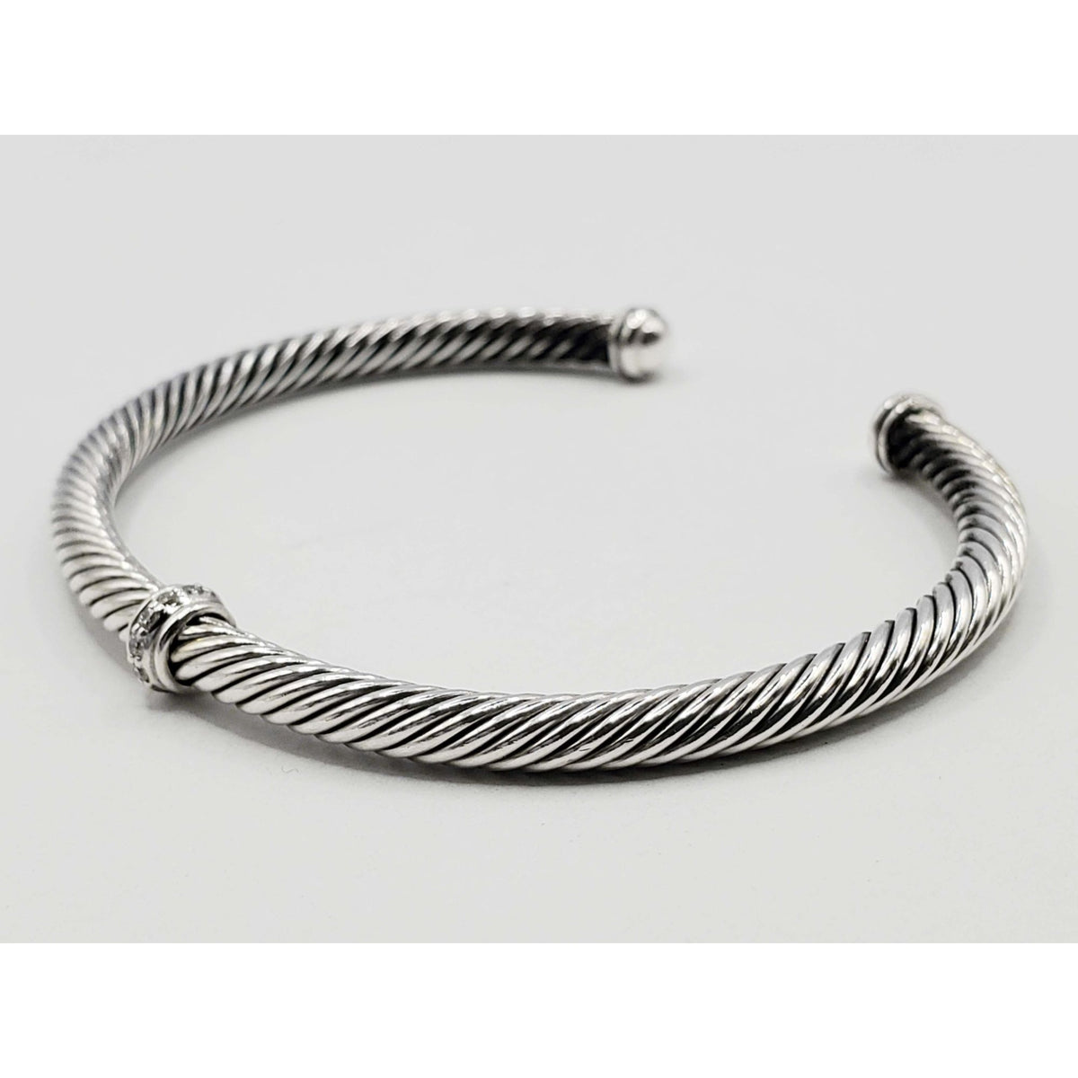 David Yurman Classic Cable Station Cuff Bracelet 4mm Diamond Sterling Silver Large