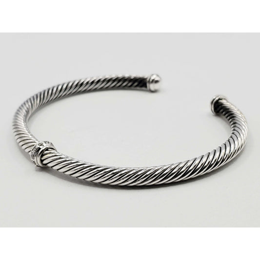 David Yurman Classic Cable Station Cuff Bracelet 4mm Diamond Sterling Silver Large