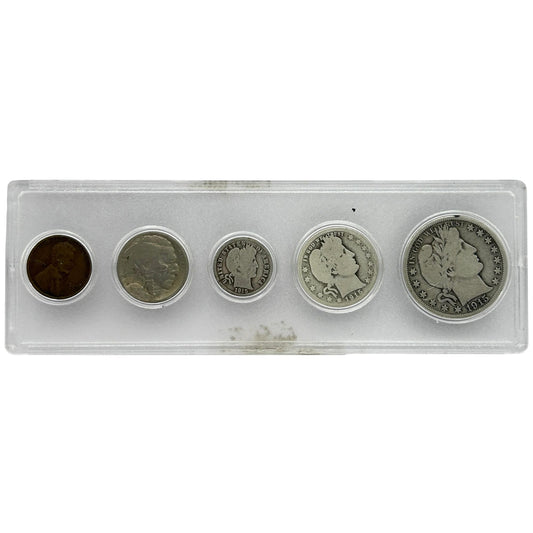 5 U.S. BARBER COIN SET In Whitman Case 1915 Half, Quarter, Dime, Nickel & Penny