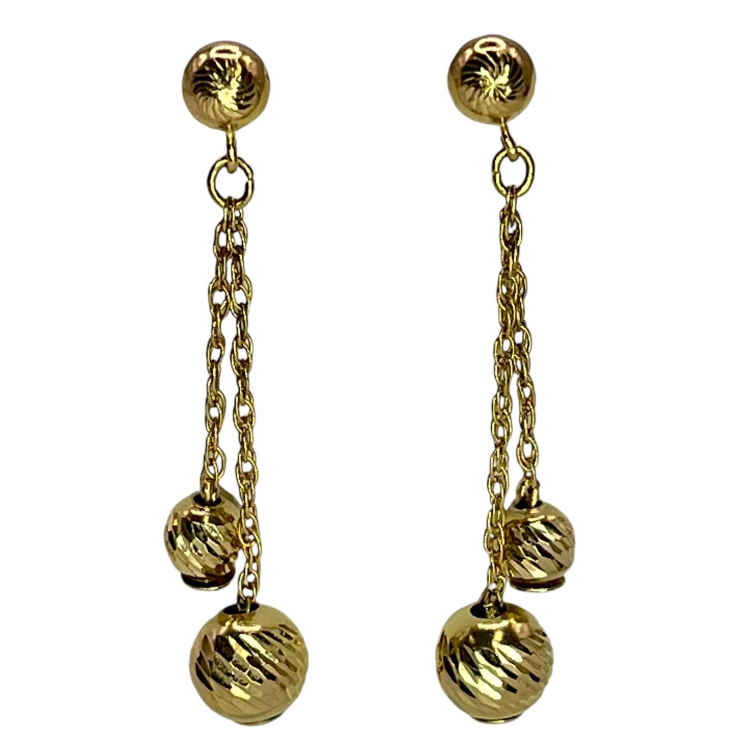 14K Gold Tassel Ball Dangle Drop Earrings Etched Minimalist Lightweight Classic