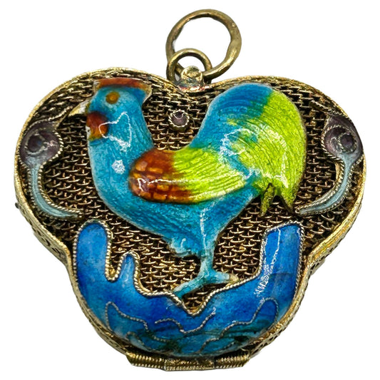 Antique Silver/Gold Vermeil Enamel Rooster Locket Pendant/Charm