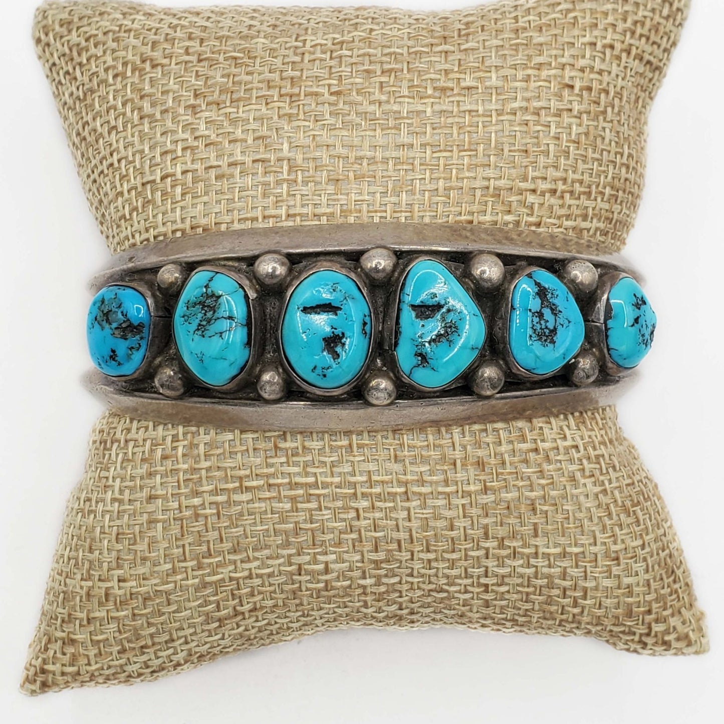 Southwestern Turquoise Nugget Cabochon Station Cuff Bracelet Sterling Silver