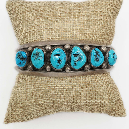 Southwestern Turquoise Nugget Cabochon Station Cuff Bracelet Sterling Silver