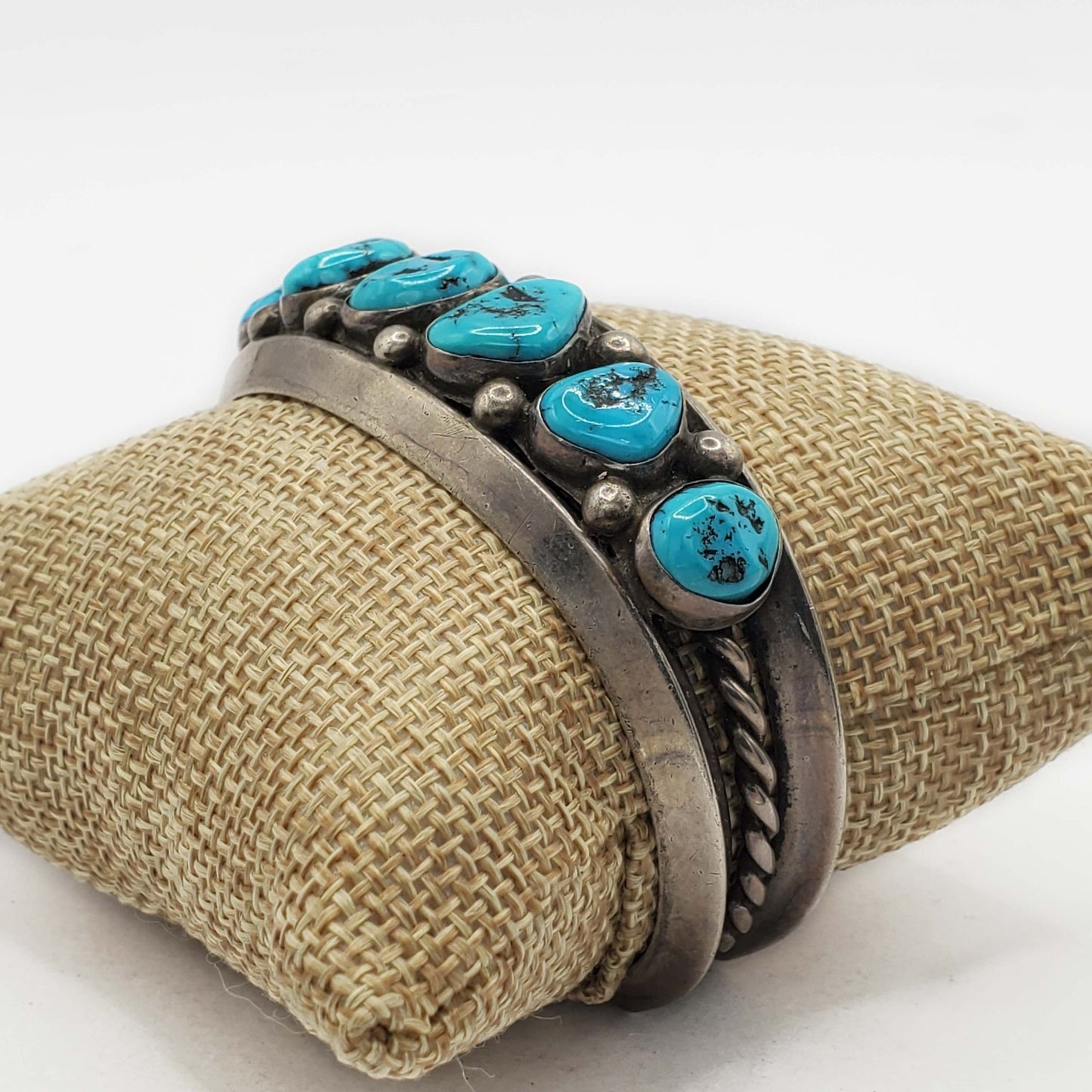 Southwestern Turquoise Nugget Cabochon Station Cuff Bracelet Sterling Silver