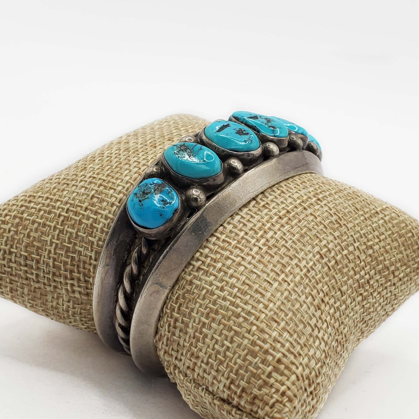 Southwestern Turquoise Nugget Cabochon Station Cuff Bracelet Sterling Silver