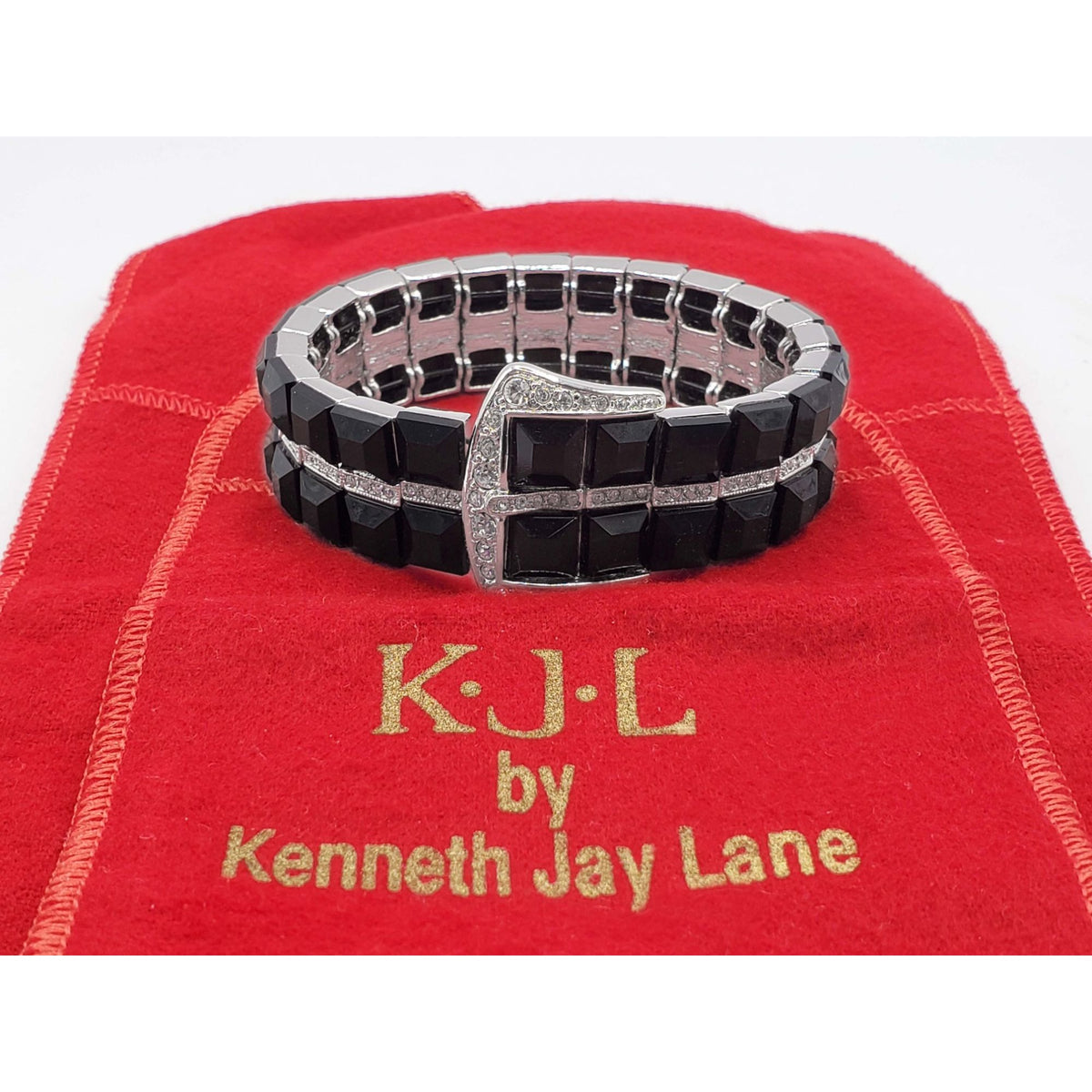 Vintage 1980s Kenneth Jay Lane Black Bead & Rhinestone Buckle Bracelet