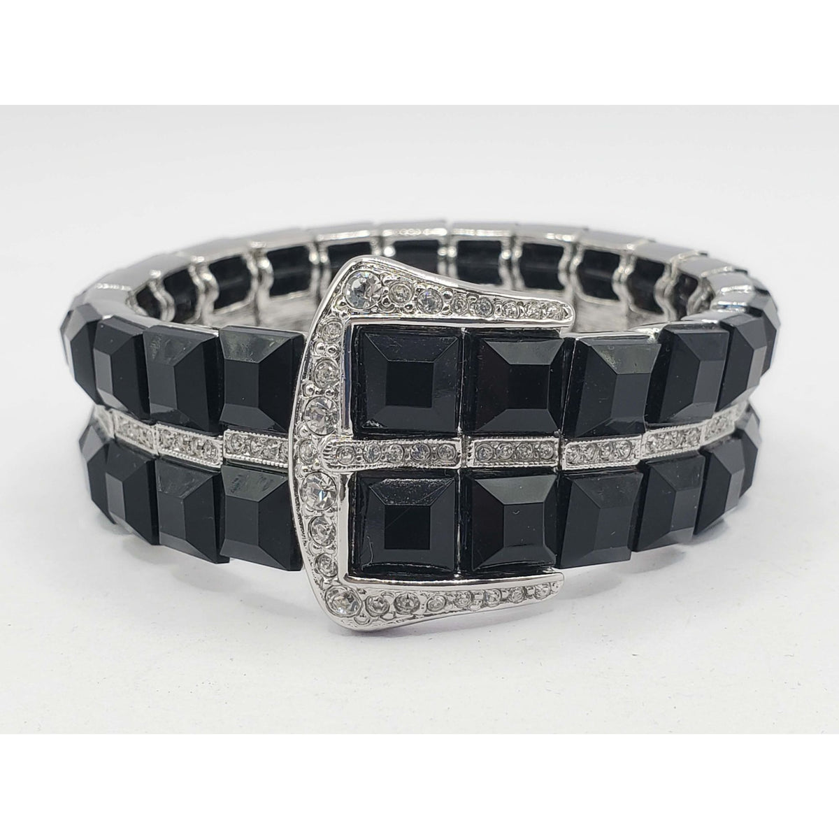 Vintage 1980s Kenneth Jay Lane Black Bead & Rhinestone Buckle Bracelet
