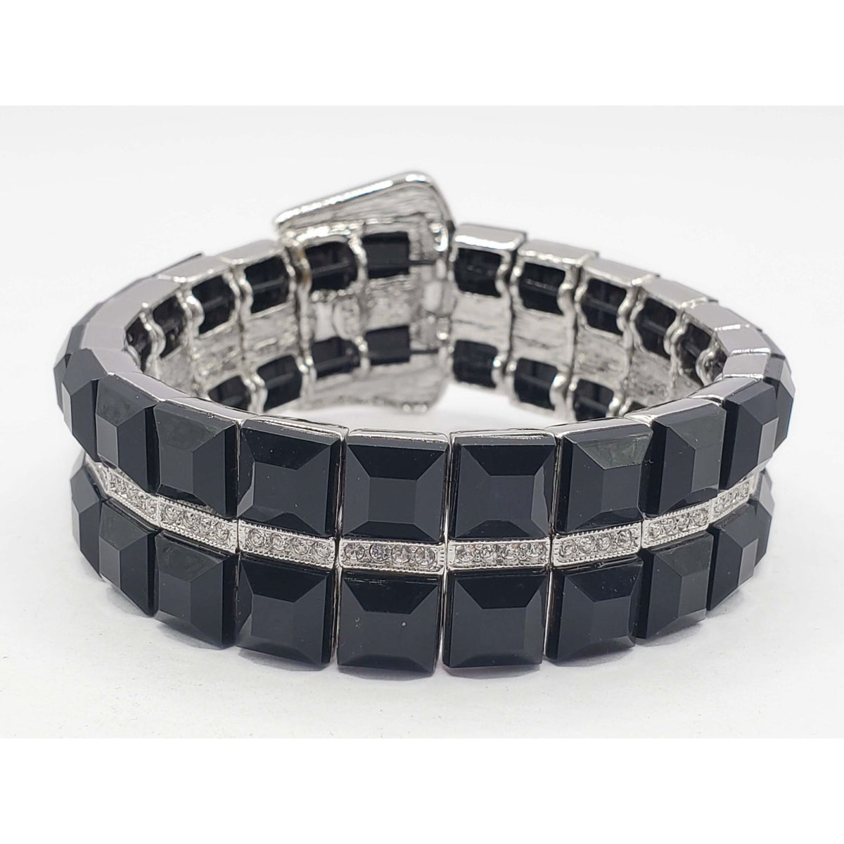 Vintage 1980s Kenneth Jay Lane Black Bead & Rhinestone Buckle Bracelet
