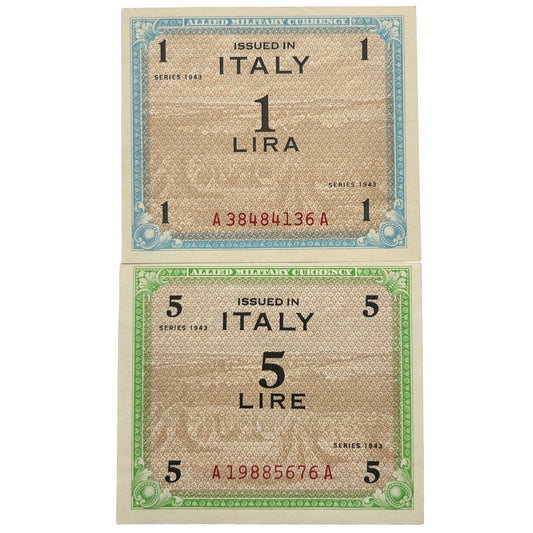 1943 Italian One Lire + 5 Lire Notes - Allied Military Currency WWII Occupation