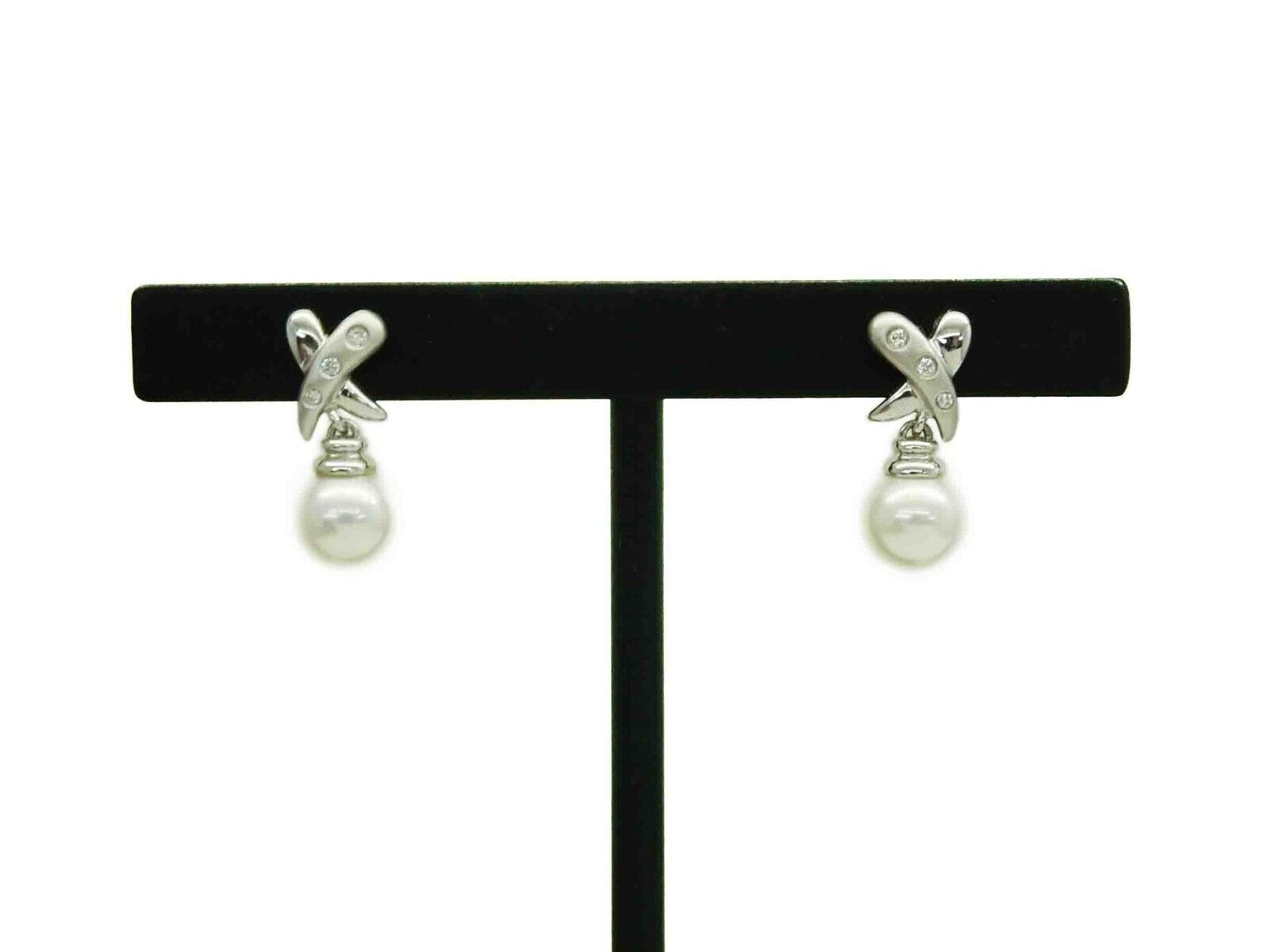 7mm Wide Pearl Bead & Diamond Accent X Drop Earrings 14k White Gold