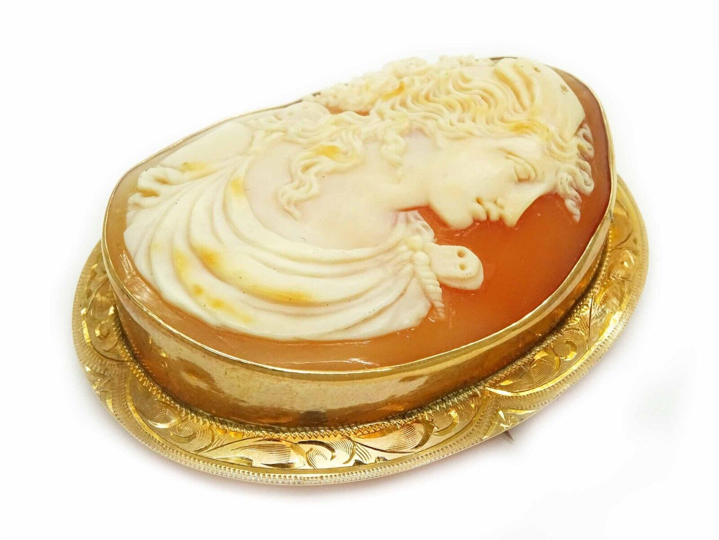 Large Finely Detailed Victorian Shell Cameo Brooch Pin Pendant 10k Gold