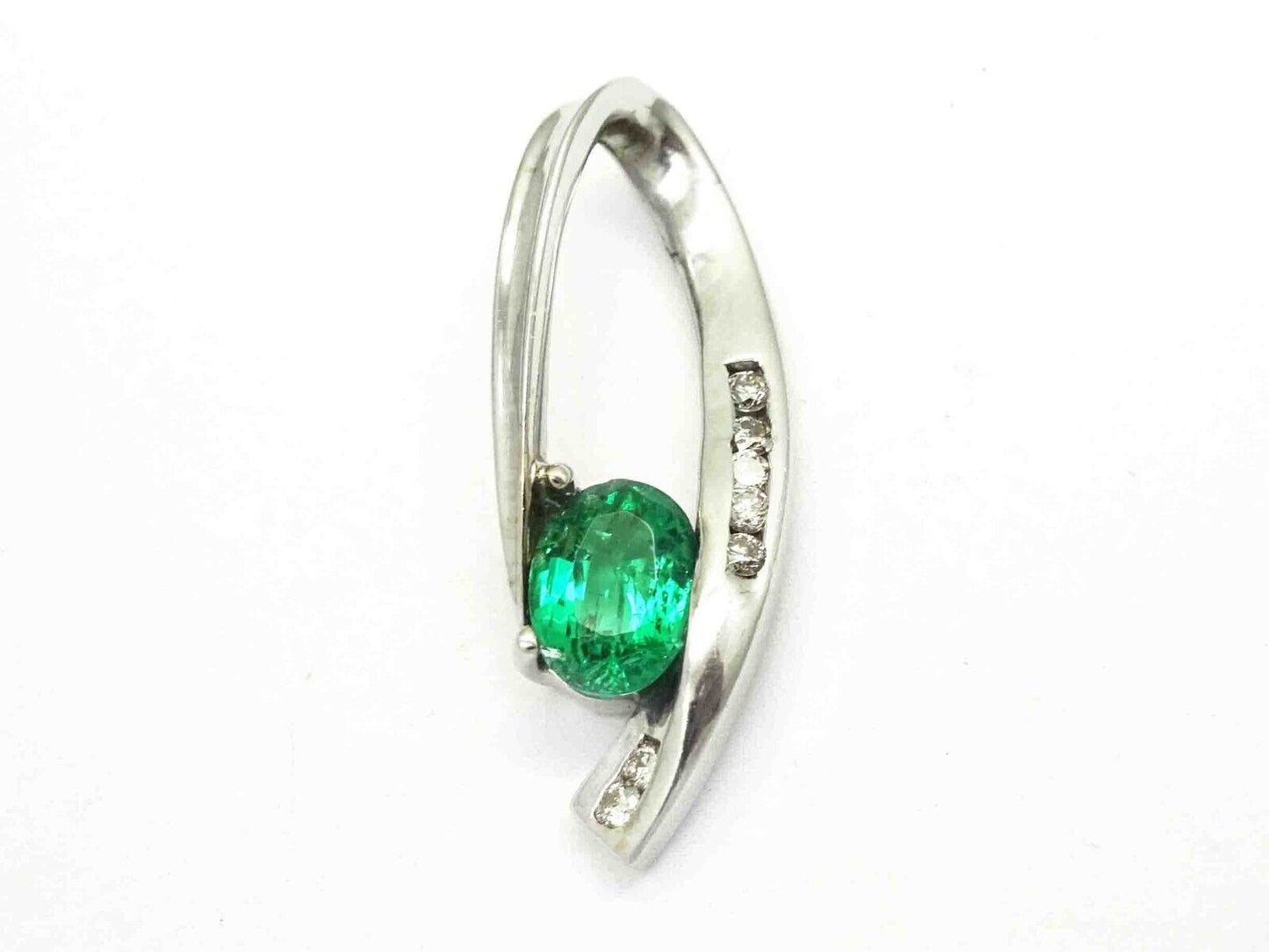 Natural Oval Emerald & Diamond Accent Open Loop Slide Pendant 14k White Gold