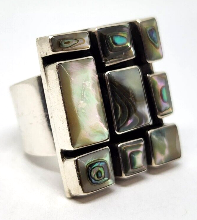 Checkerboard Natural Abalone Shell Sterling Silver Ring, Size 6