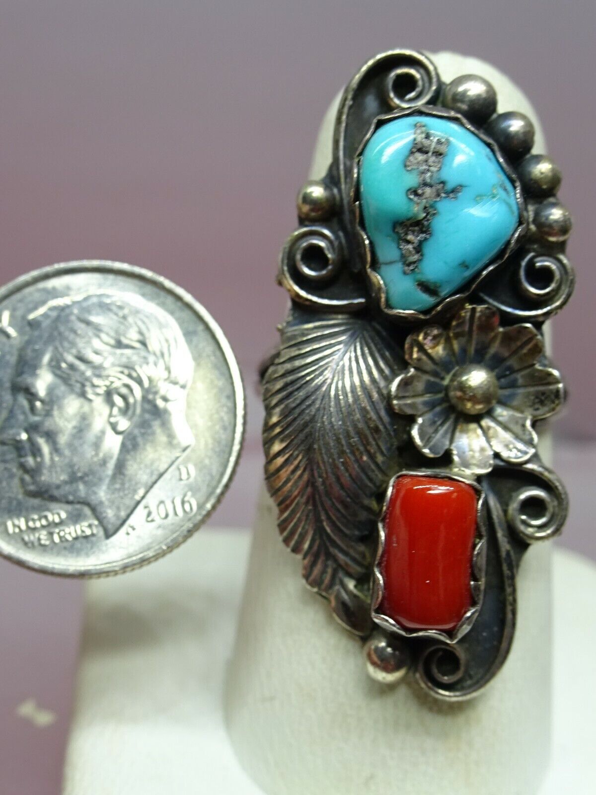 Old Pawn Native American Navajo Sterling Silver Turquoise Coral Ring, Angela Lee