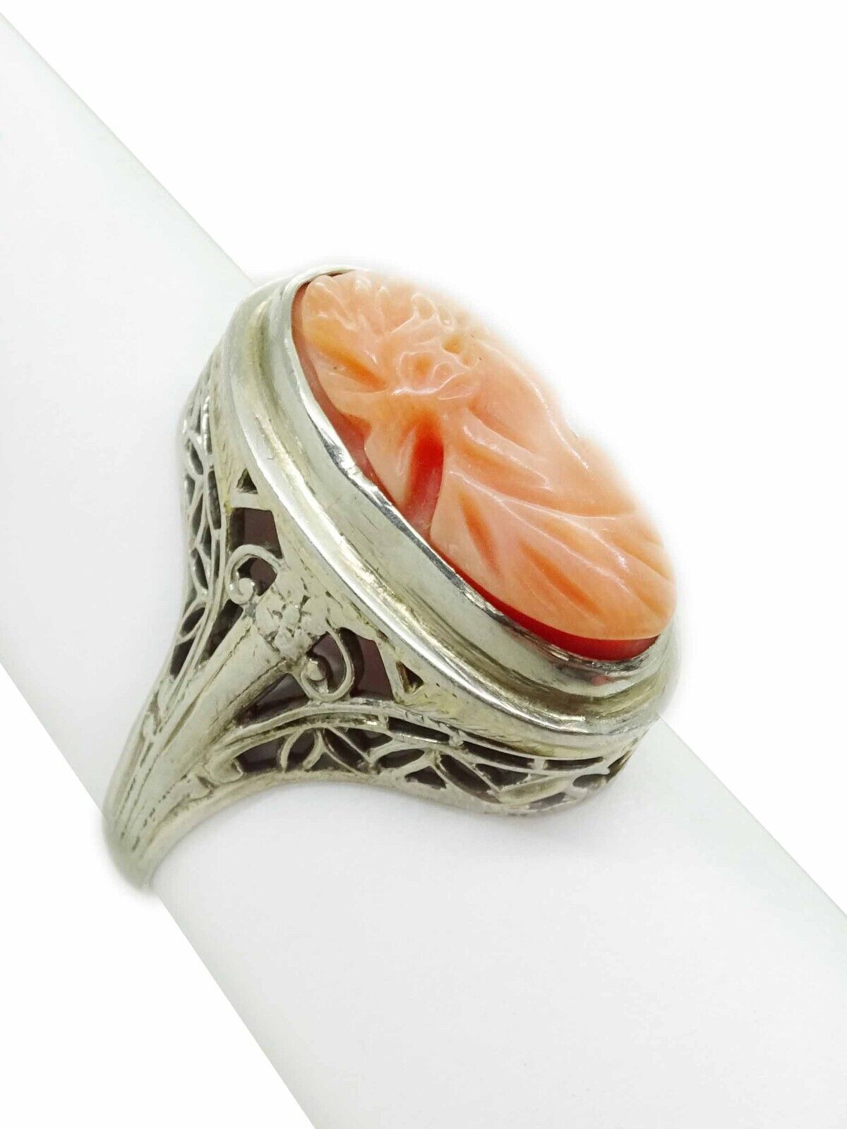 Salmon Coral Cameo Filigree Ring 18k White Gold Size 5.75