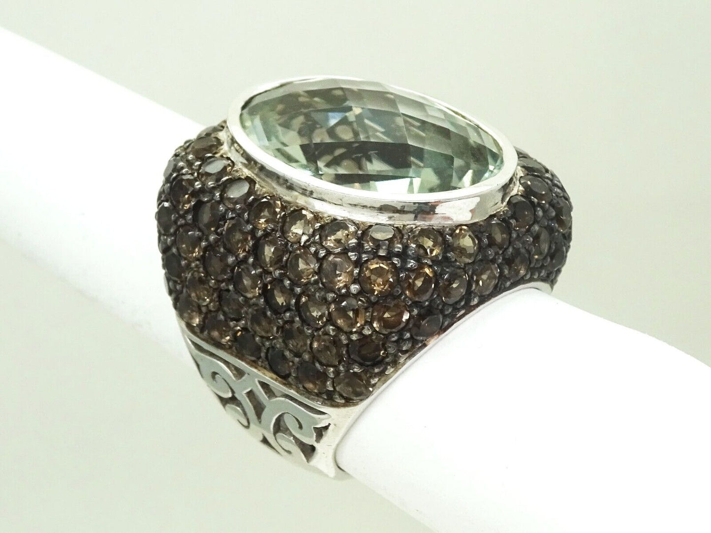 Designer 12ct Oval Prasiolite Smoky Quartz Sterling Silver Cocktail Ring Size 7