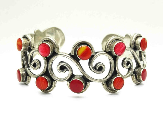 Mexico Red Agate Cabochon Openwork Cuff Bracelet Sterling Silver