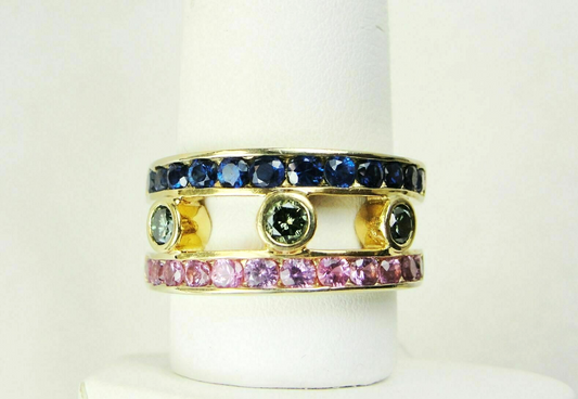 2.31ct tw Green Diamond, Blue & Pink Sapphire 18k Gold Semi-Eternity Ring, Sz.9