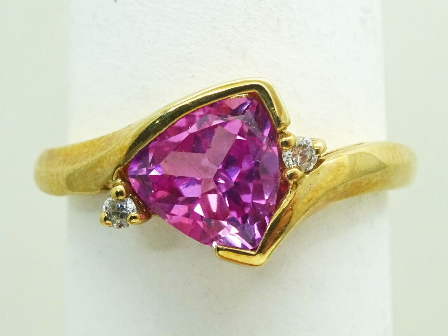 Lab-Created Trillion-Cut Pink Sapphire & CZ Ring 10k Gold Size 7