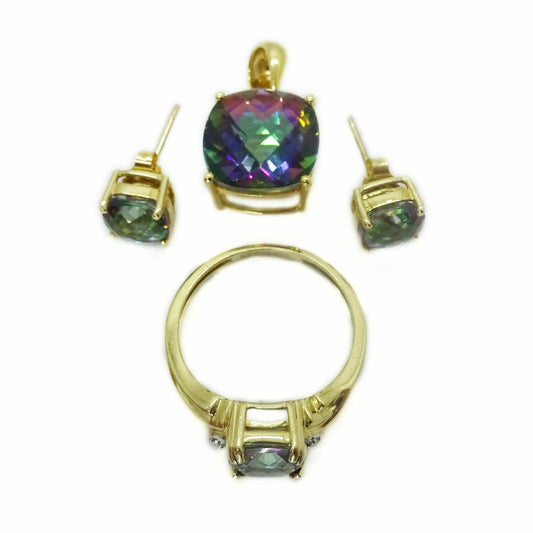 15+ ct tw Mystic Topaz Pendant Ring & Earrings 10k/14k Gold Jewelry Set