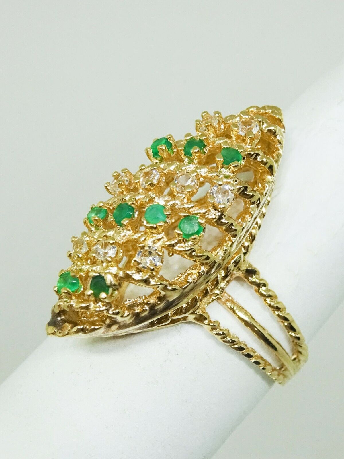 0.54ct tw Natural Emerald & Diamond Navette Setting Gold Ring 14k Gold Size 6