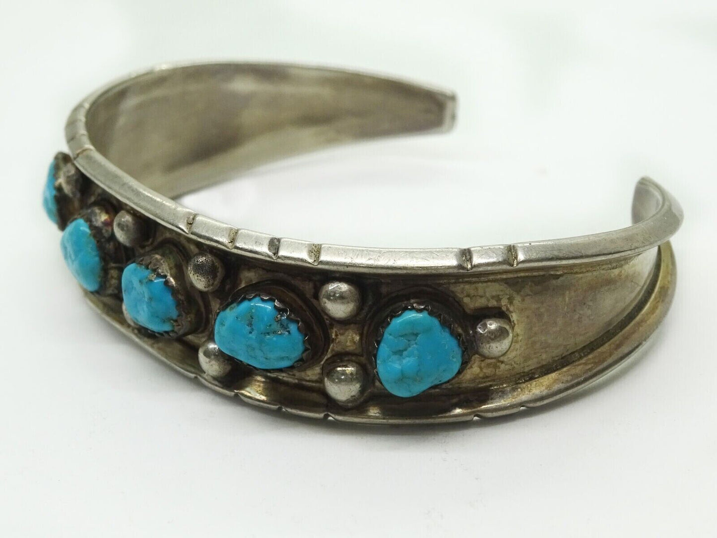 Estate Helen Long Navajo Artisan Signed Sterling Silver Turquoise Cuff Bracelet