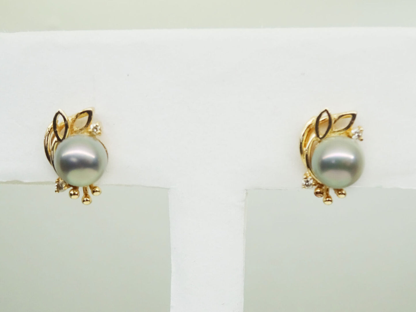 Genuine Akoya Grey Pearl Diamond Accent Leaf Stud Earrings 14k Gold