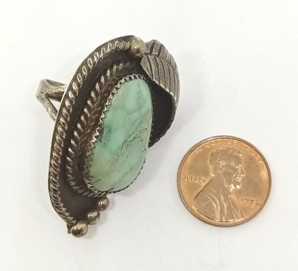 Huge Old Pawn Native American Turquoise Ring Sterling Silver, 15.3 grams, Size 6