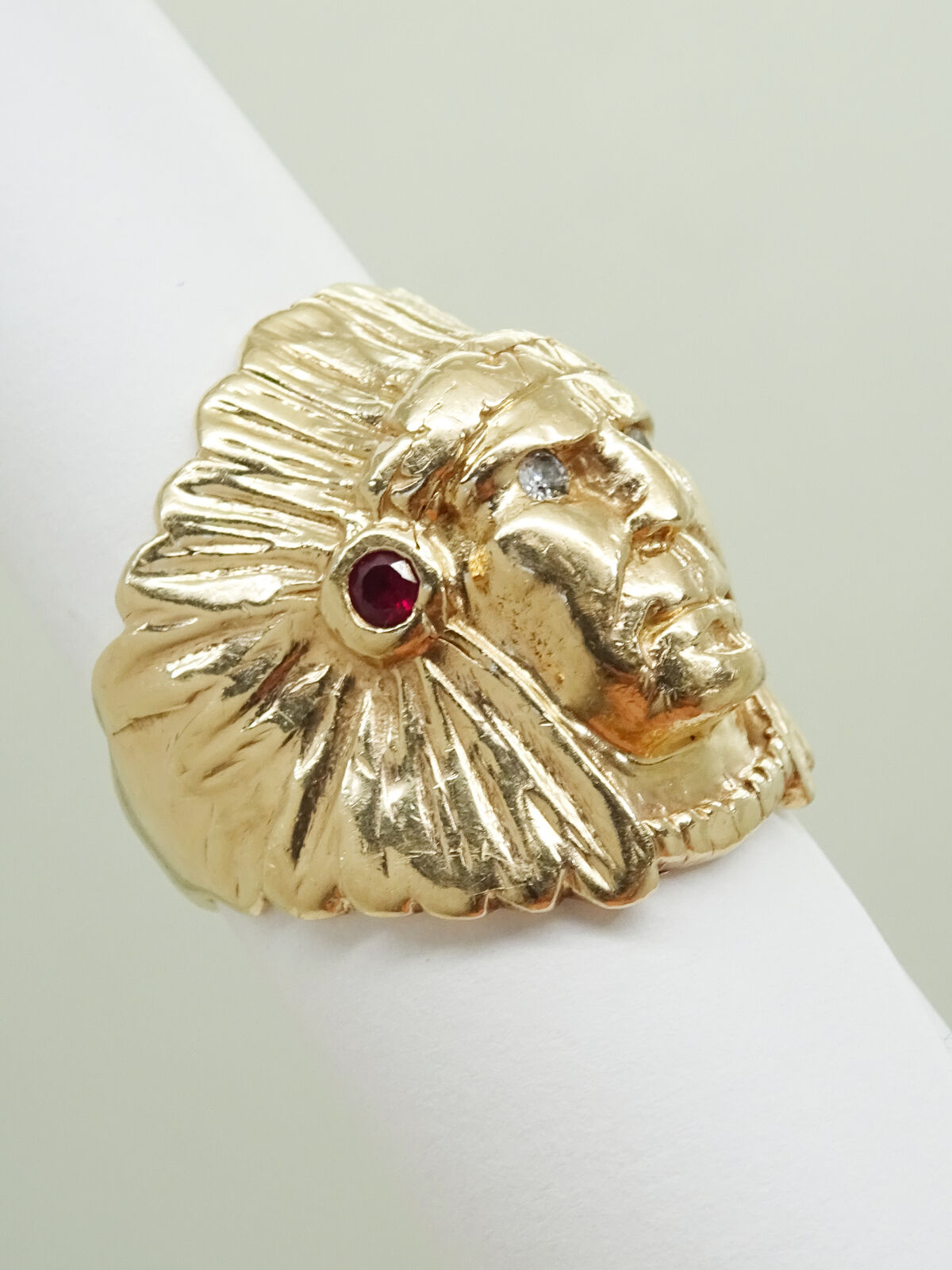 Native American Indian Chieftain Head Garnet & Diamond Ring 14k Gold Size 9.25