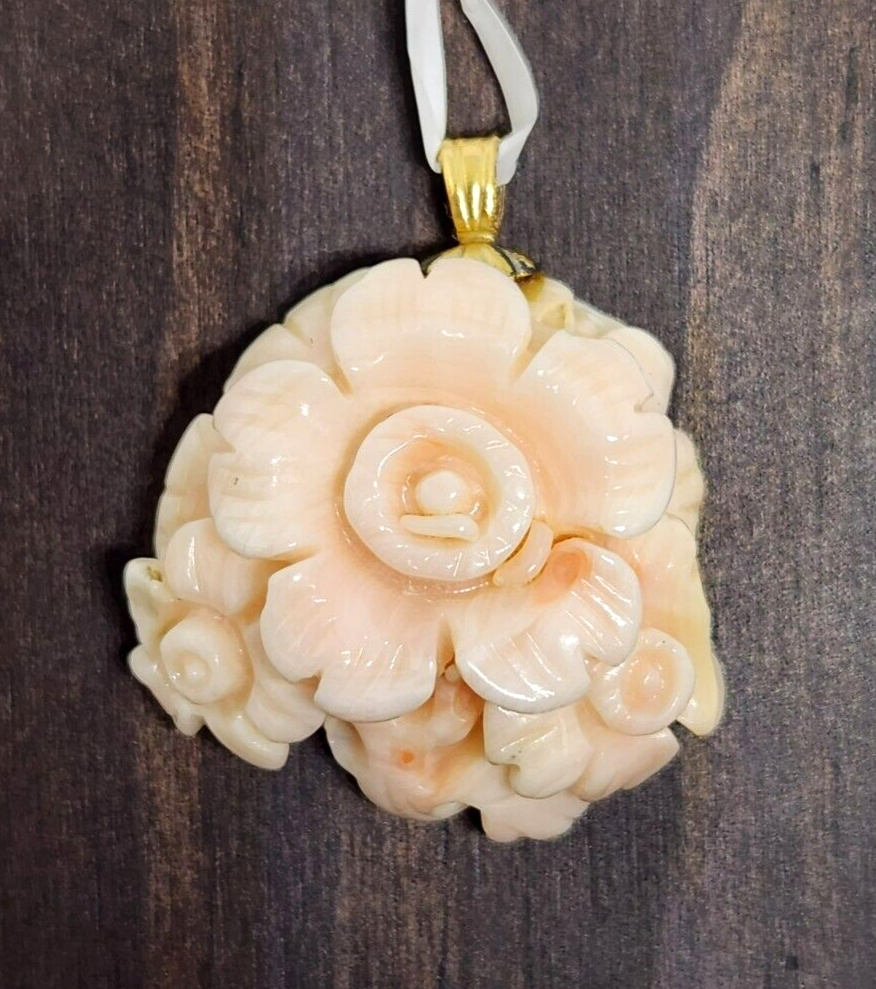 Carved Floral Angel Skin Coral Gold Filled Pendant 1" Long