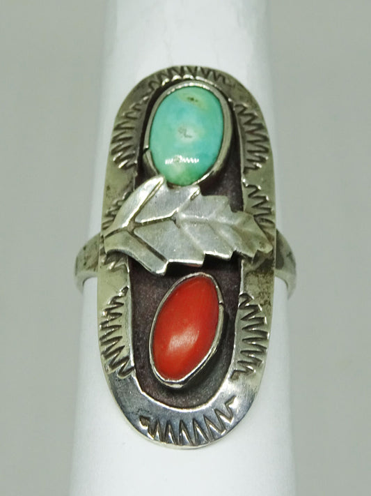Southwest Turquoise & Red Coral Figural Leaf Sterling Silver Ring Size 6.25