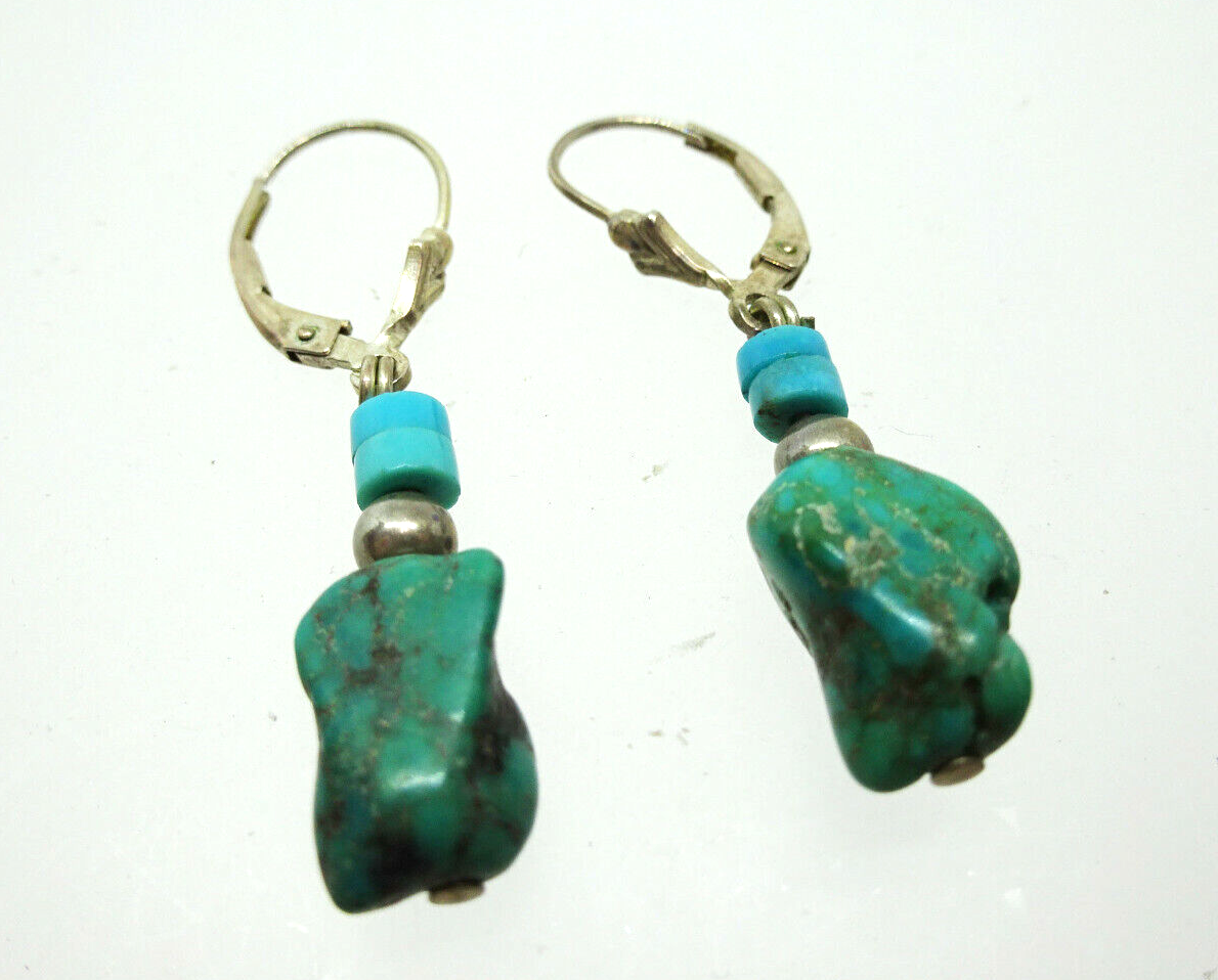 Vintage Turquoise Nugget Native American Sterling Silver Dangle Earrings