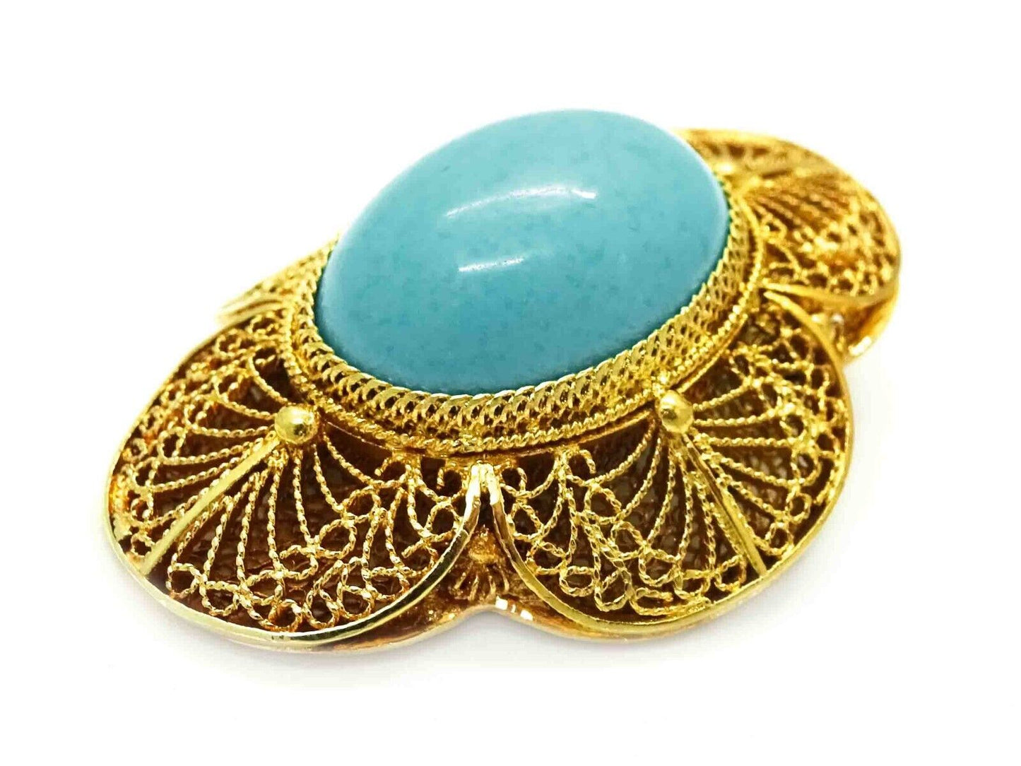 Natural Robin's Egg Blue Oval Turquoise Cabochon Filigree Pendant 14k Gold