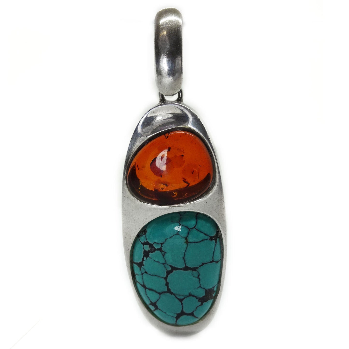 Vintage Modernist Large Amber Turquoise Sterling Silver Pendant Signed Alicia