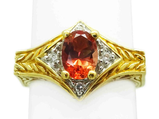 Natural Red Orange Imperial Topaz & Diamond Filigree Angle Ring 14k Gold Size 8