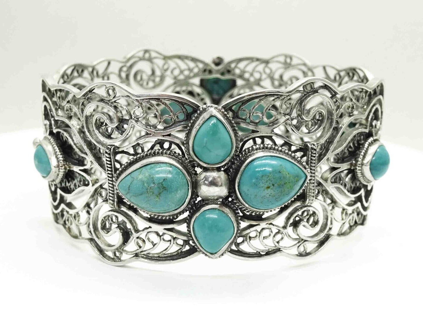 Turquoise Cabochon Openwork Filigree Hinged Bangle Bracelet Sterling Silver