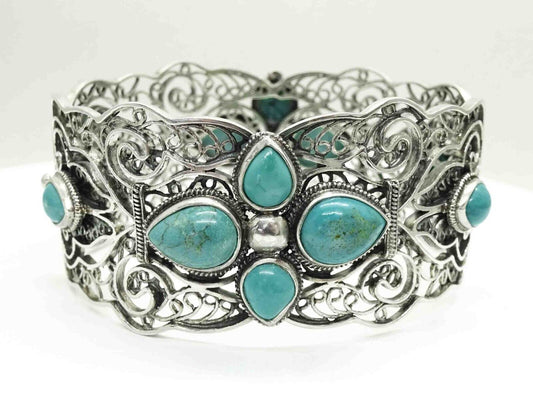 Turquoise Cabochon Openwork Filigree Hinged Bangle Bracelet Sterling Silver