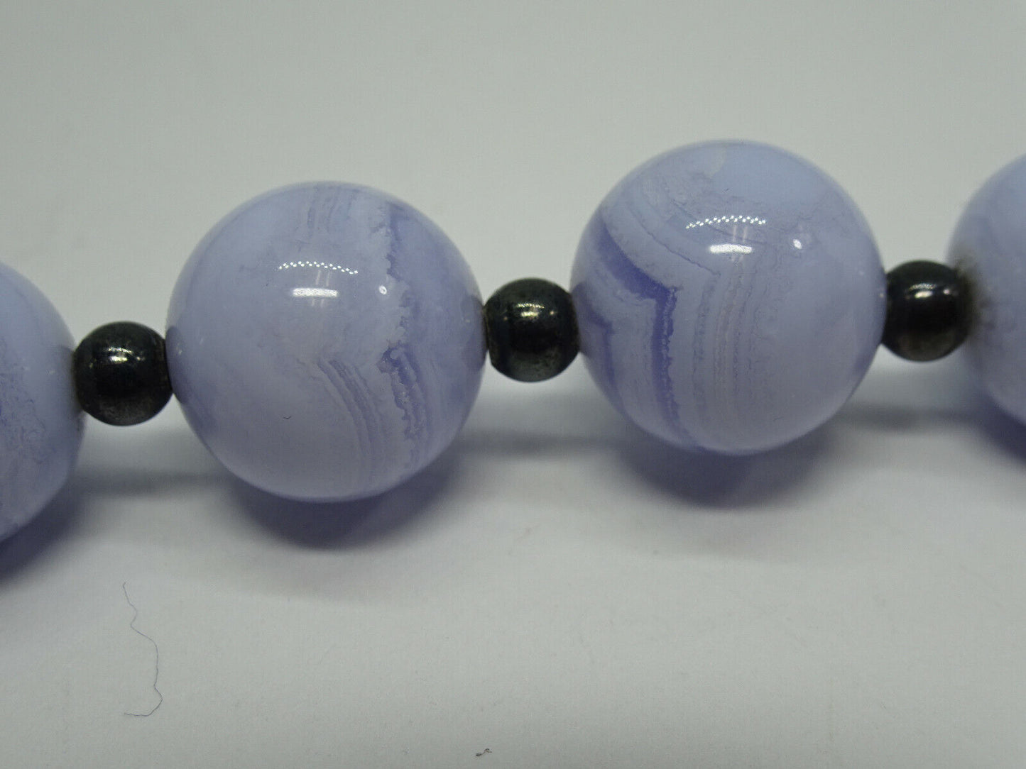 12mm Wide Blue Lace Agate Sterling Silver Bead Necklace 18" Long Magnetic Clasp